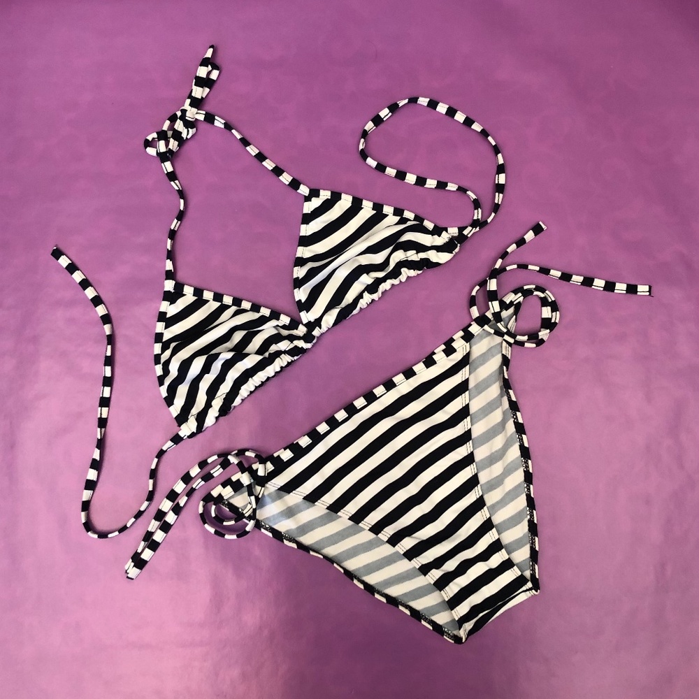 Black and white striped string bikini